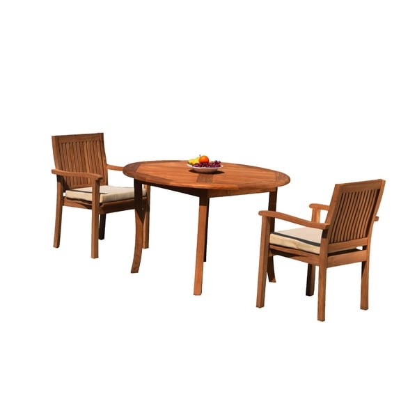 Grade-A Teak Dining Set: 2 Seater 3 Pc: 48" Round Table And 2 Leveb Stacking Arm Chairs Outdoor Patio WholesaleTeak #51LV1003