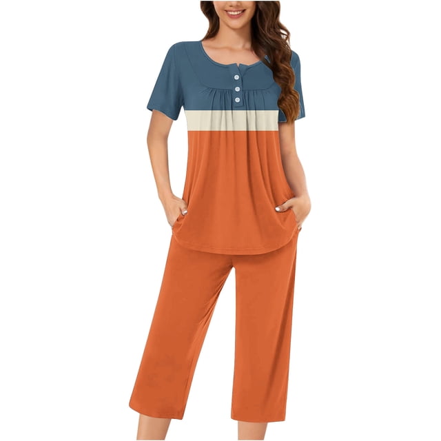 Aqestyerly Ensemble de Pyjama, Ensemble de Pyjama Décontracté pour Femmes avec Blouse à Manches Courtes et Col Rond et Pantalon à la Mode/orange(L)