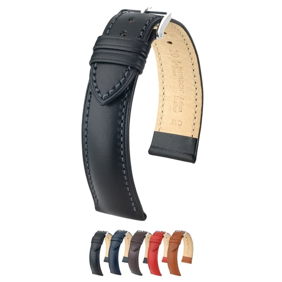 Hirsch Kent Leather Watch Strap - Black - M - 12mm - Shiny Silver Buckle - Artisan Calf Leather Band