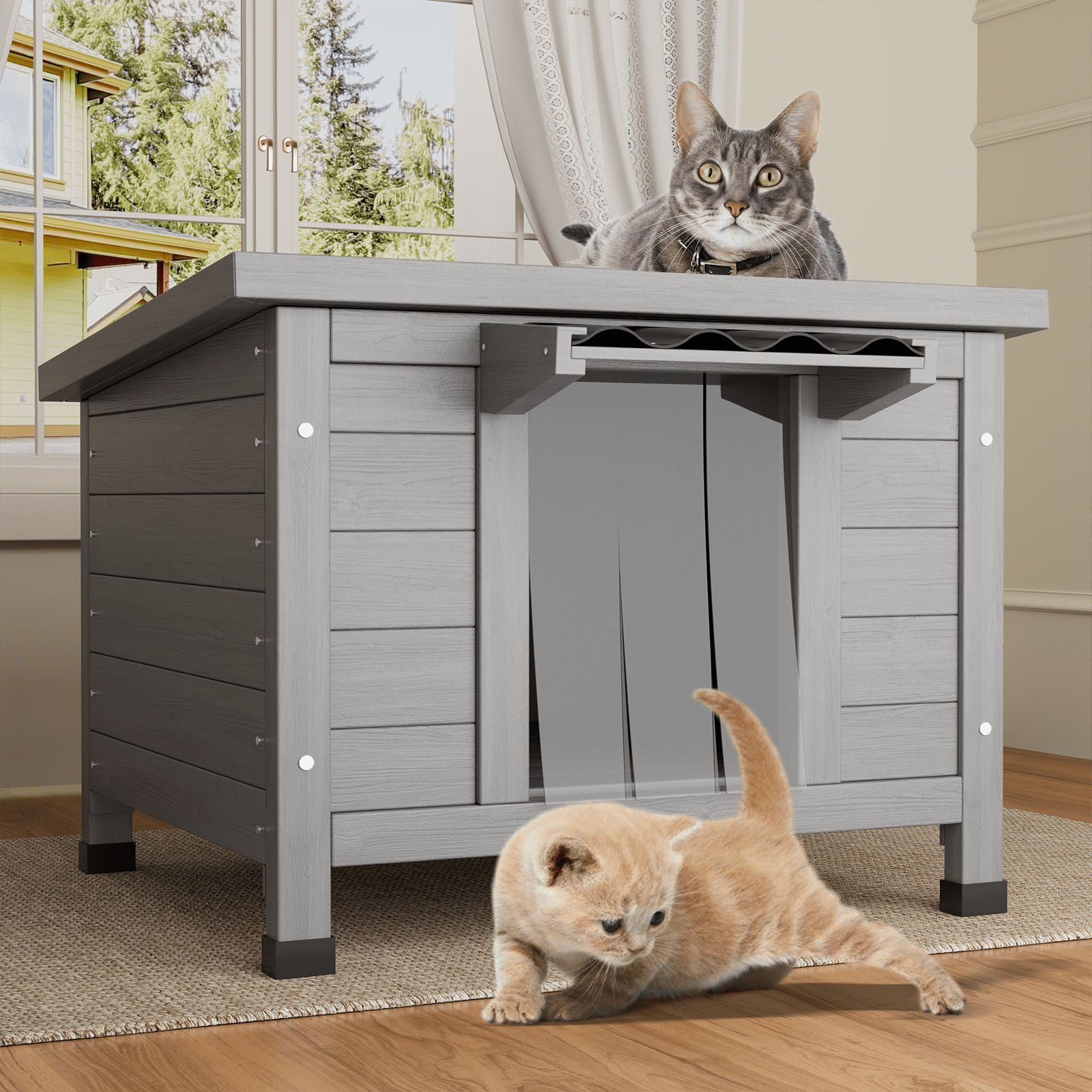 TIMHAKA Outdoor Cat House, Weatherproof Shelter for Cats, Dogs & Rabbits, Durable Shelter for Garden, Patio & Backyard, Gray