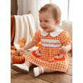 thumbnail image 3 of RUINIXCW Toddler Baby Girl Halloween Dress Outfit Infant Baby Girls Summer Fall Clothes Plaid Gingham Dress Puff Short Sleeve Peter Pan Doll Collar Pumpkin Embroidery A Line Dress, 3 of 9