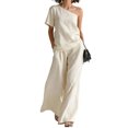 thumbnail image 3 of Women's 2 Piece Outfit One Shoulder Top and High Waist Wide Leg Pants Set, Textured Washed Crinkle Lounge Set, Casual Boho Flowy Matching Set for Summer White XS, 3 of 6