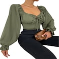 thumbnail image 2 of Women Crop Tops  Long Sleeve Ruffled Drawstring Casual Party Street Spring Summer Shirt, 2 of 6