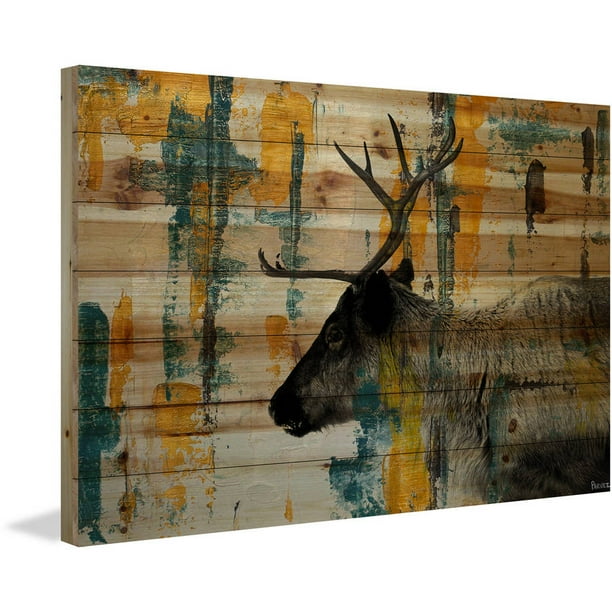 Parvez Taj Teal Yellow Reindeer Painting Print On Natural Pine Wood Walmart Com Walmart Com