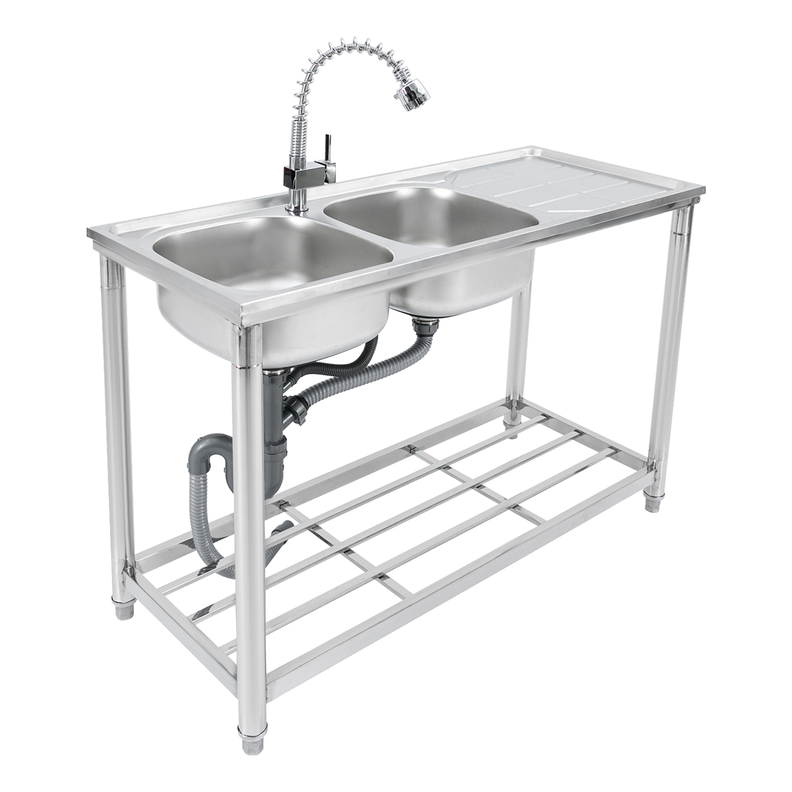 TFCFL Double Bowls Utility Sink Commercial Stainless Steel Kitchen Sink Prep Table with Pull-out Faucet & Bottom Shelf