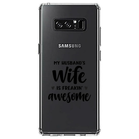 DistinctInk Clear Shockproof Hybrid Case for Samsung Galaxy Note 8 - TPU Bumper Acrylic Back Tempered Glass Screen Protector - My Husband's Wife is Freaking Awesome