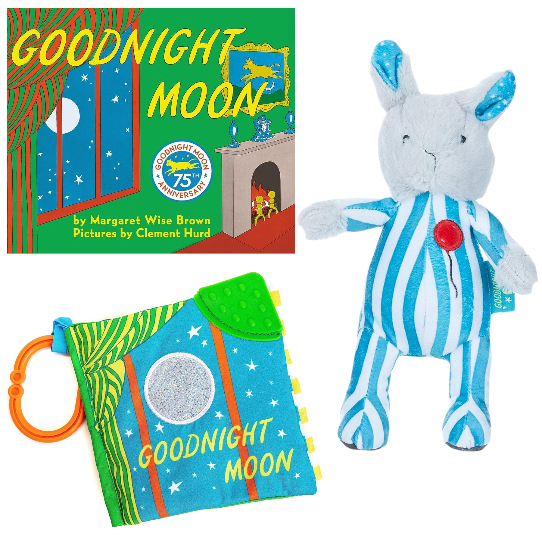 Goodnight Moon Board Book by Margaret Wise Brown, Beanbag Bunny Stuffed Animal Plush, and Good Night Moon Baby Soft Book Toy with On The Go Clip (A Classic, Sweet Dreams Baby Book Bedtime Gift Set B)