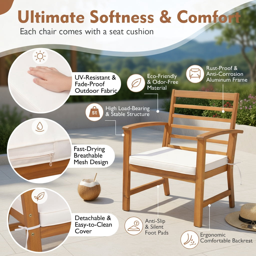 Hommoo 3-Piece Acacia Wood Outdoor Patio Furniture Set with Cushions, Durable Backyard Chair Set with Ergonomic Design and High-Density Foam Seating, White