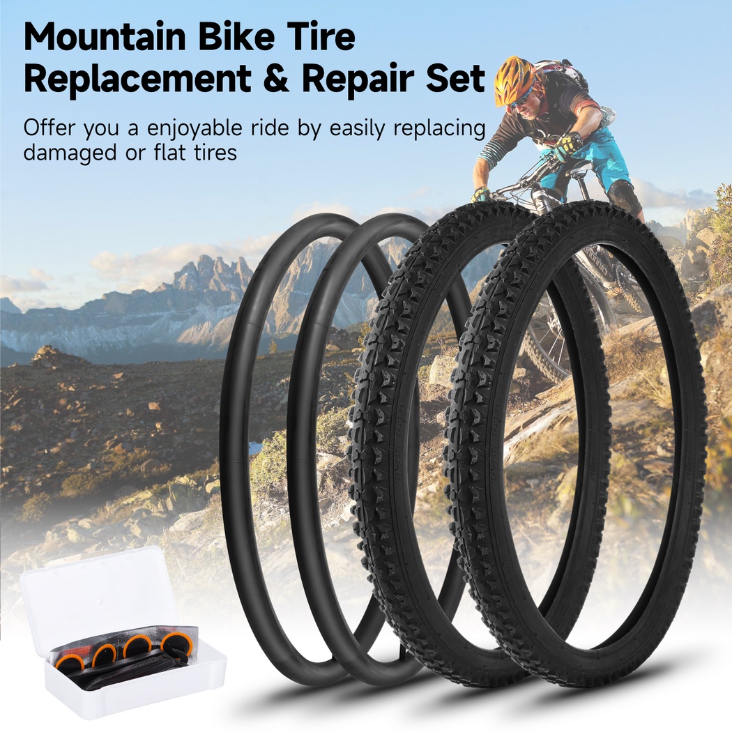 2 Pack 24" x 1.95" Mountain Bike Tire Replacement Set,Bike Tires with Repair Kit, Folding Portable MTB Tires, Replaceable Bike Tires with Inner Tubes and Levers, Rubber Tires for Hard Roads