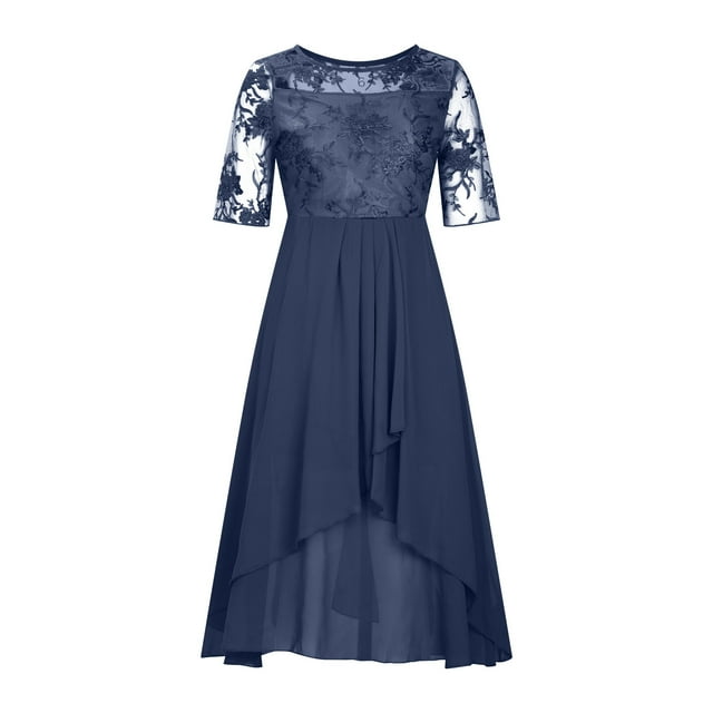 EGNMCR Robes d'Invitée de Mariage pour Femmes Unies à Manches Mi-Longues, Col Rond, Dentelle, Mousseline, Maille, Taille, Robe Midi de Fête