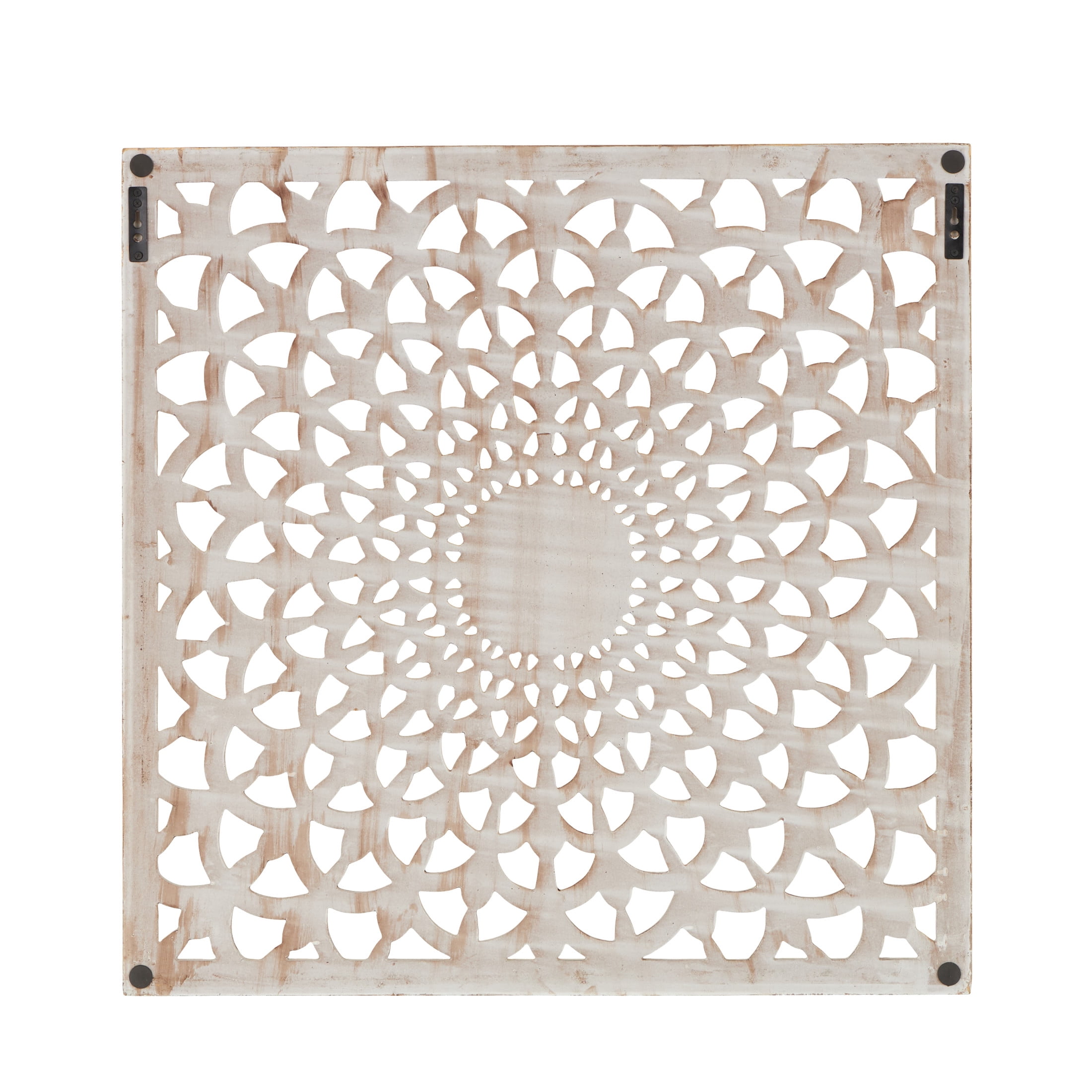 DecMode Traditional Carved Wood Floral Patterned Wall Décor with Brown/White Distressed Finish, 36"W x 36"H