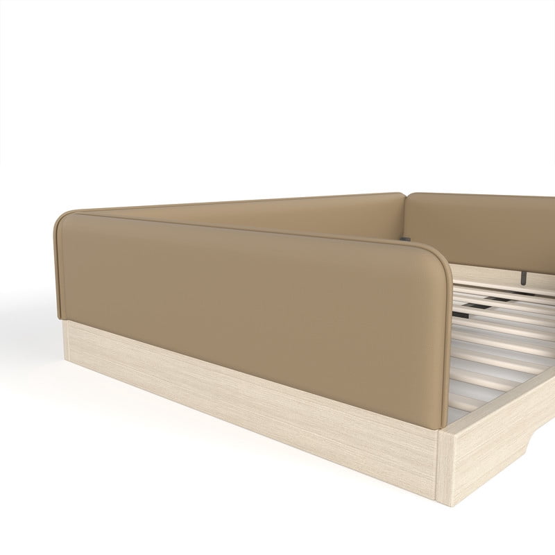 Full Size Faux Leather Upholstered Floor Bed, Kids Montessori Bed Frame with Removable Guardrail, Low Profile Platform Bed