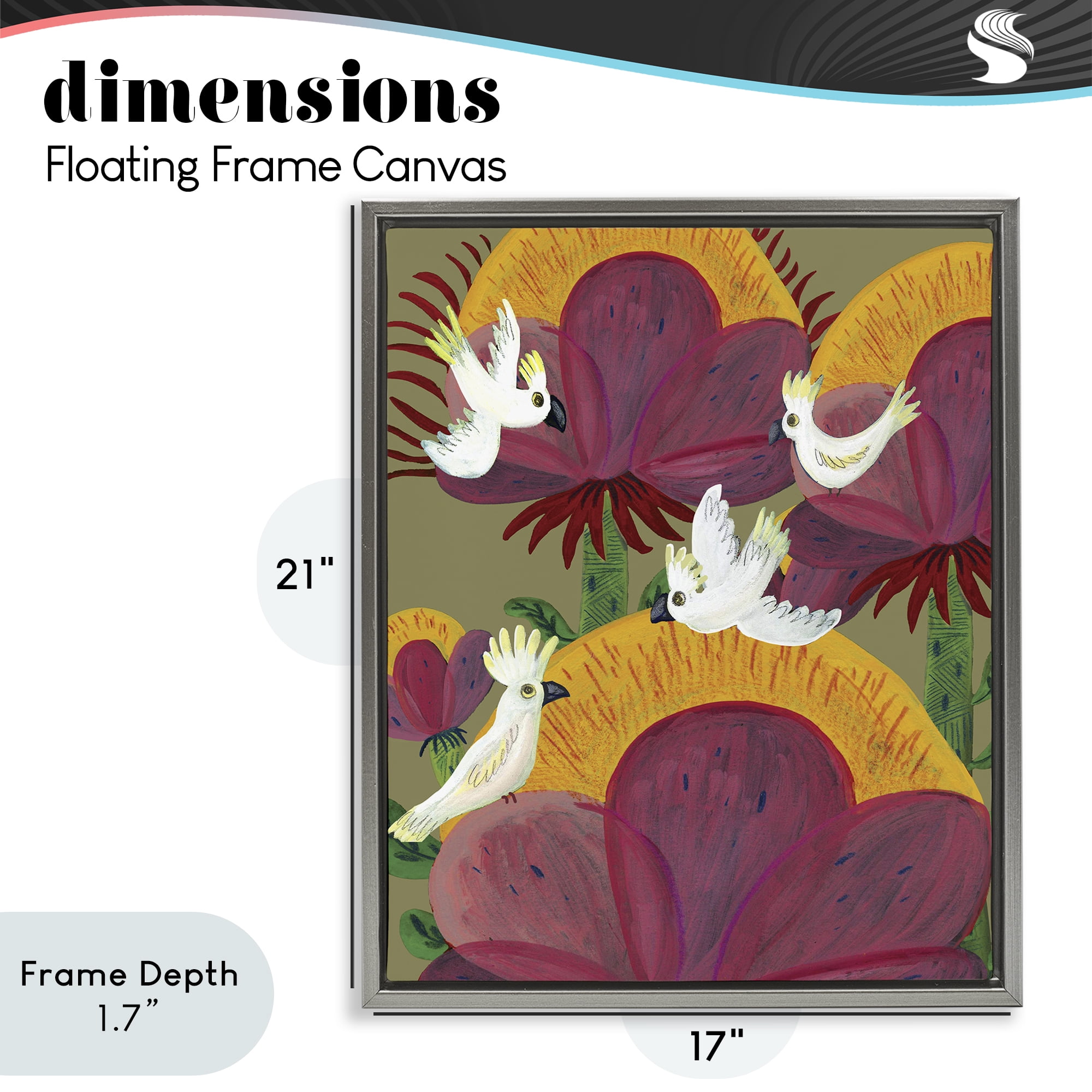 Stupell Industries Tropical Cockatoos & Plants Gray Framed Floater Canvas Wall Art, design by Kay Widdowson