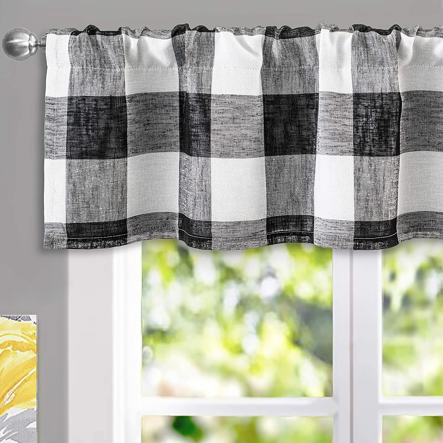 DriftAway  Buffalo Check Woven Plaid Pattern Lined Blackout Rod Pocket Window Curtain Valance Black 52" width x 14 " length