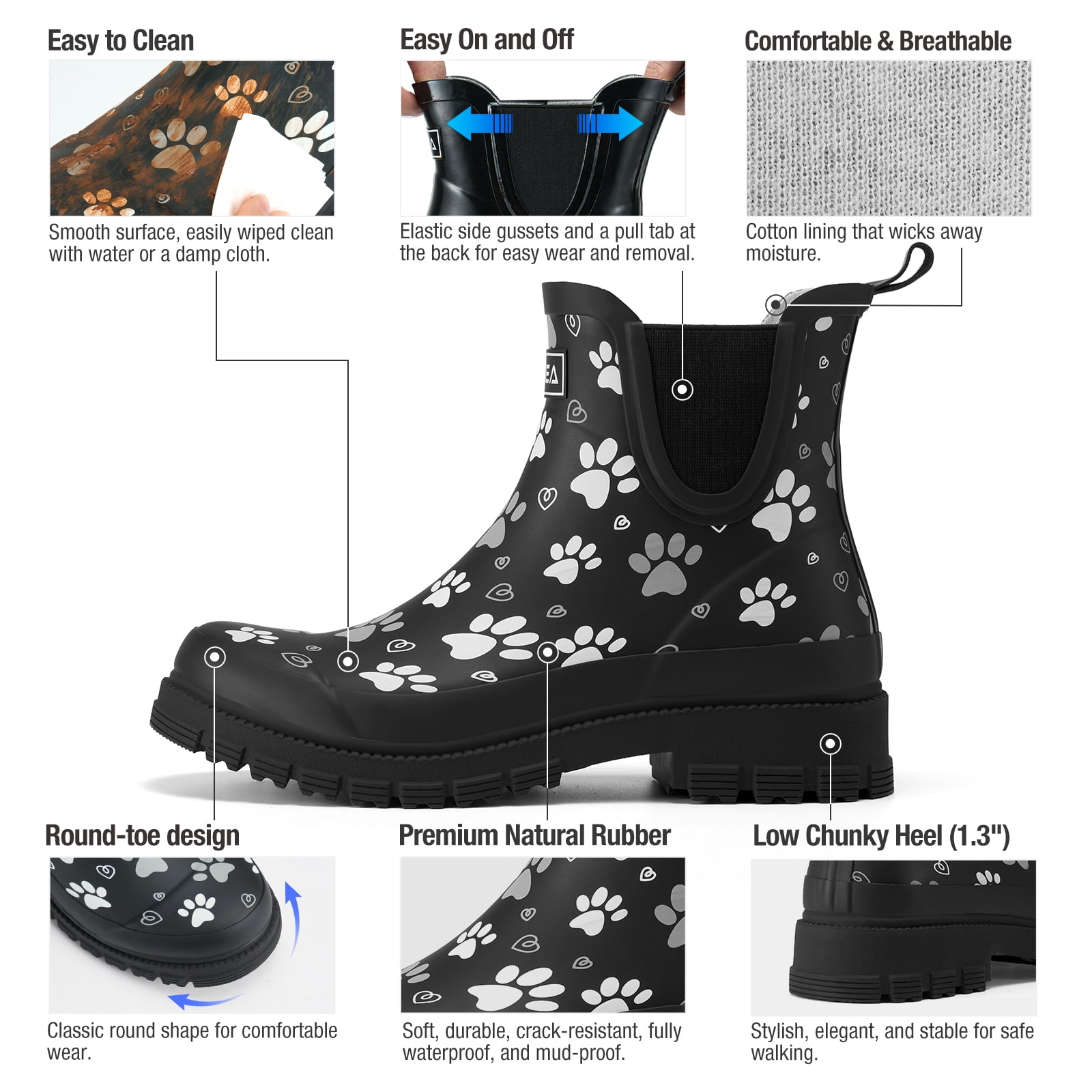Women's Ankle Rain Boots, Waterproof Chelsea Boots,Matte Black with Paw Print,Size 7