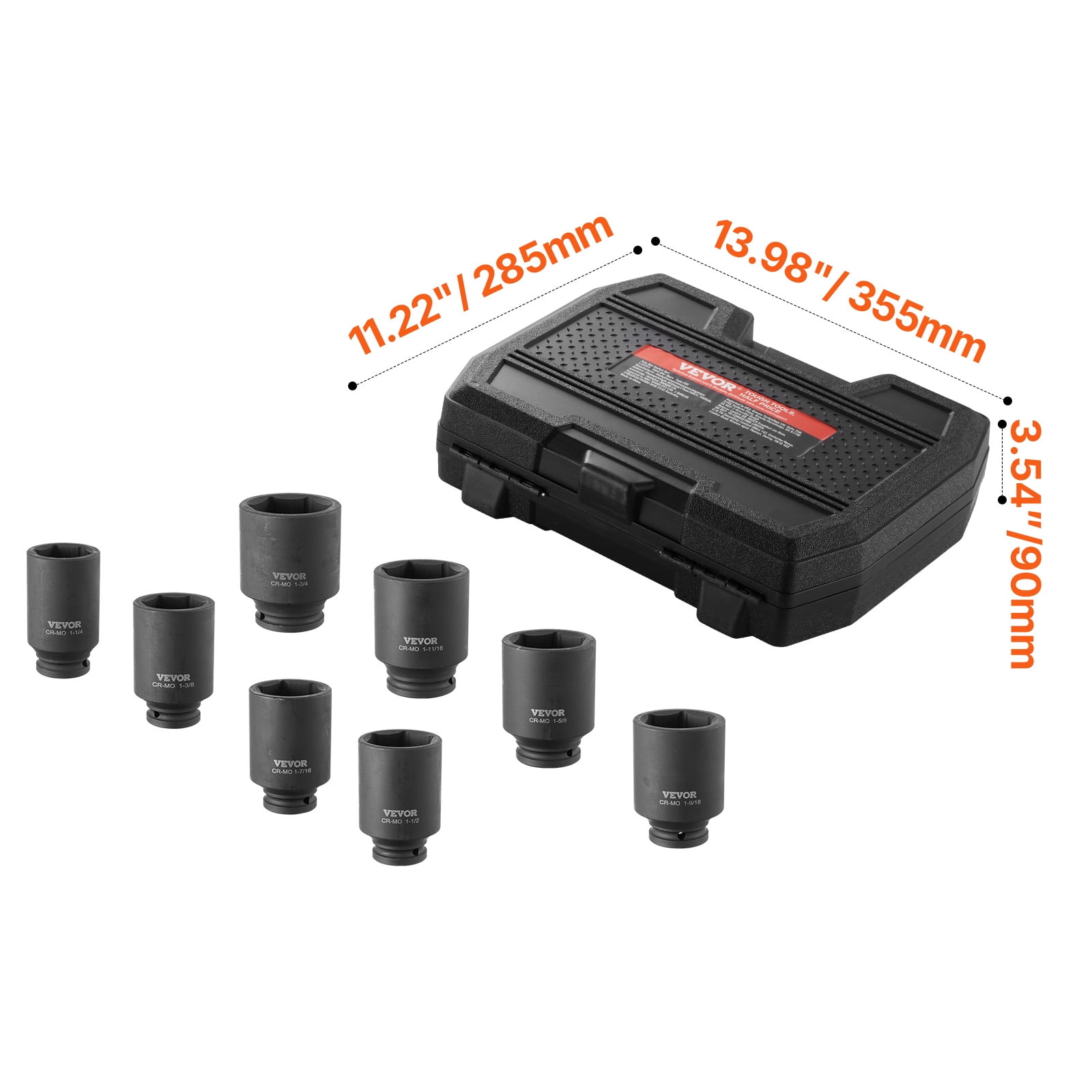 VEVOR Axle Nut Impact Socket Set, 1/2" Drive Deep 6-Point 8-Piece SAE Spindle Nut Socket Set, CR-MO Heat Treated Large Socket Set with Storage Case, for Auto Repair, Removing or Installing Axle Nuts