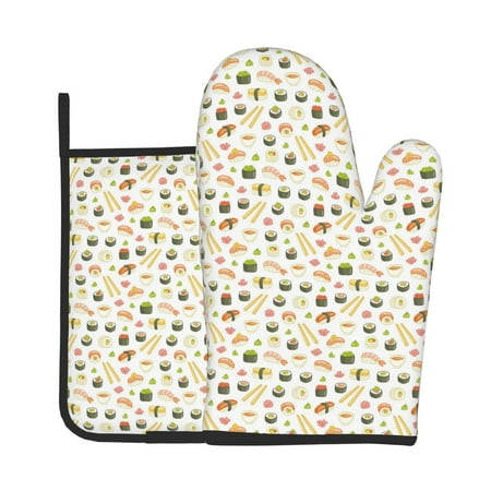 

Junzan Sushi and Rolls Pattern Oven Mitts and Pot Holders 2 pcs Set Potholders BBQ Gloves Long Kitchen Oven Glove for Cooking Baking Grilling (2-Piece Set 11 Inch)