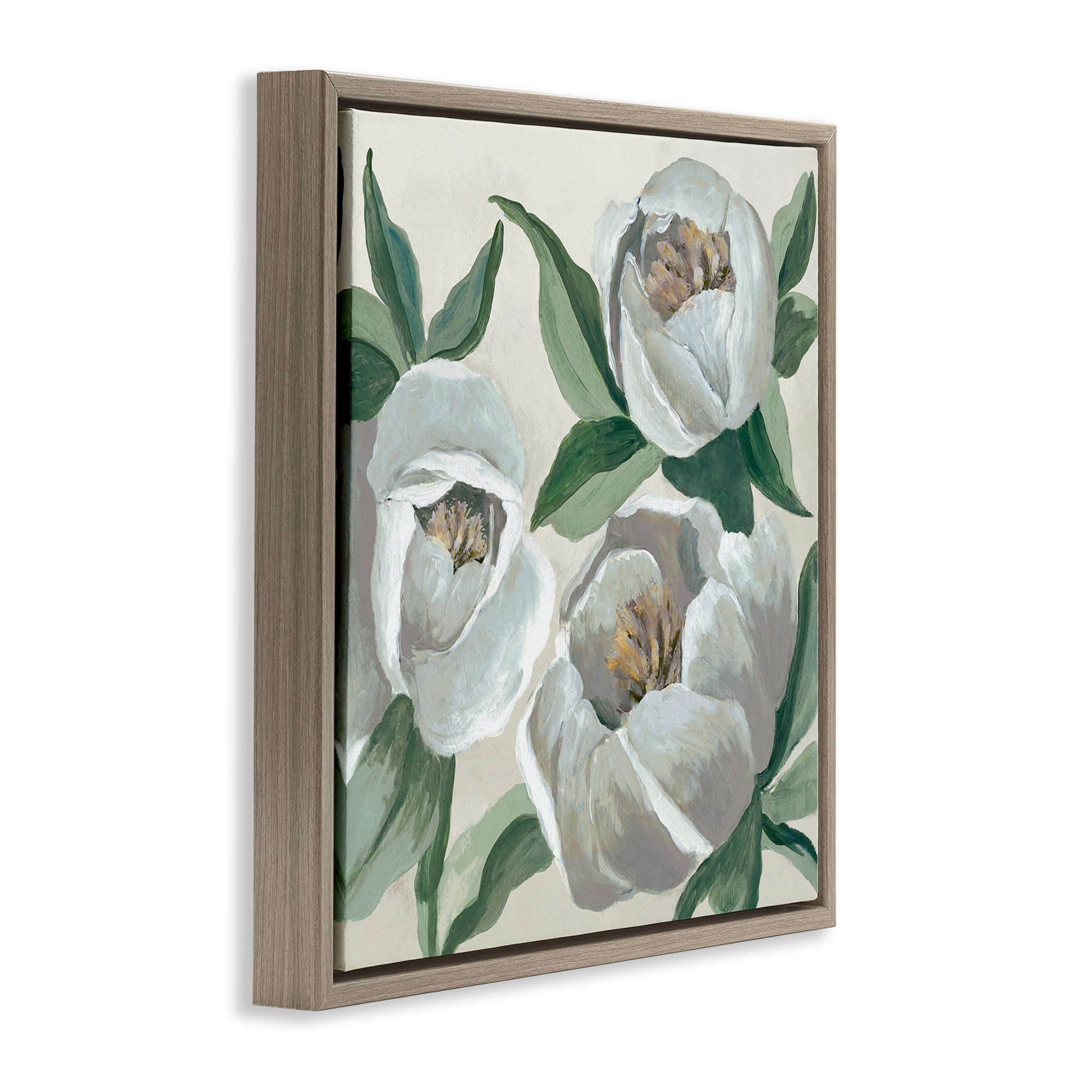 Stupell Industries Round White Peonies Plants & Flowers Painting Brown Floater Framed Canvas Art Print Wall Art, 18 x 18