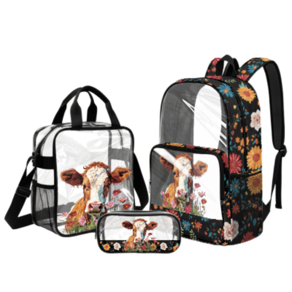 Tutolipy Flowers Cattle Clear PVC Backpack Set for Girls, Zipper Clear Backpack with Waterproof Lunch Bag, with Portable Clear Pencil Pouch for Primary School