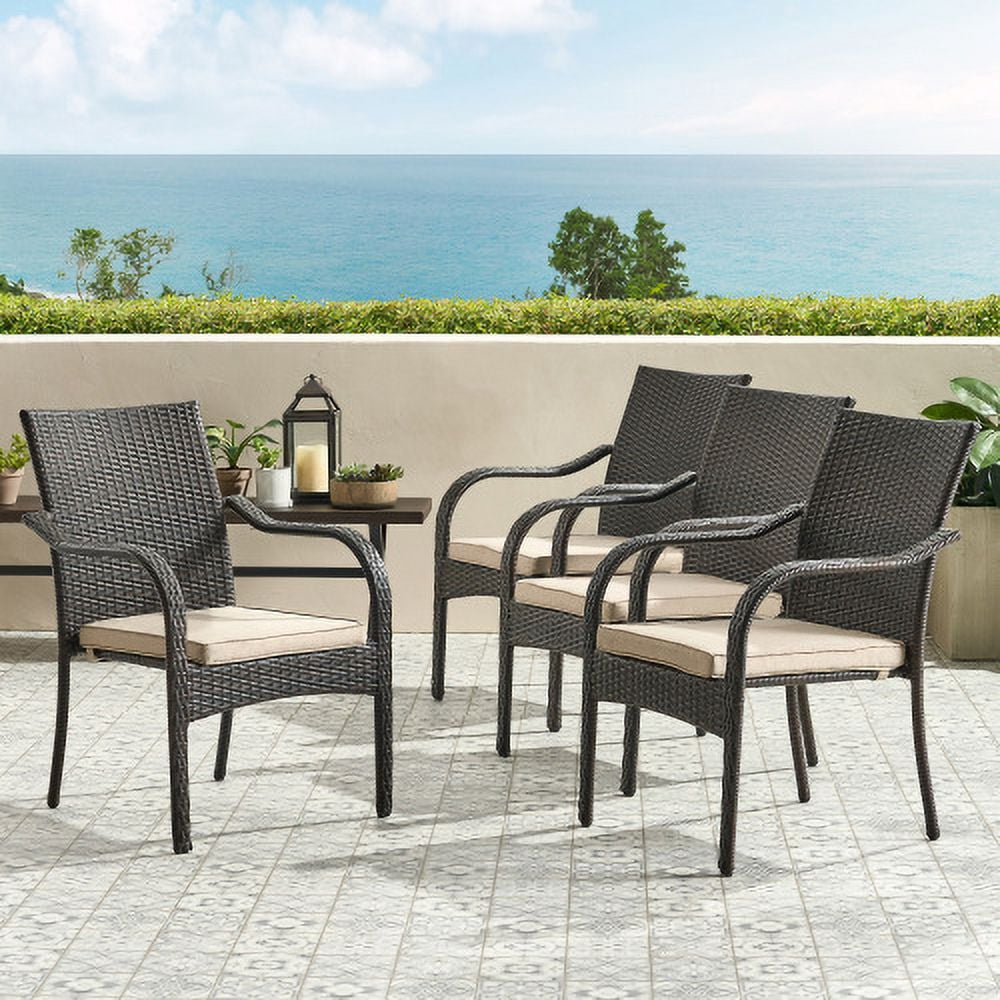Chairs Set of 4, Outdoor Stackable Patio Dining Chairs with Cushions for Garden, Brown