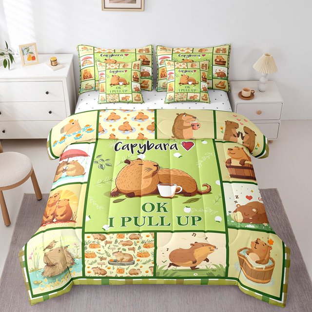 Erosebridal Cartoon Capibara Bedding Sets Queen Size, Patchwork Comforter Sets with Sheets, Rustic Animal Decor, 7-Piece