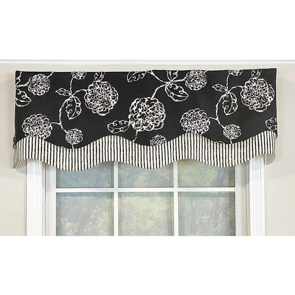 RLF Home Pouf Floral Glory Valance Black. 3" Rod Pocket, Layered. 50"W X 16"L