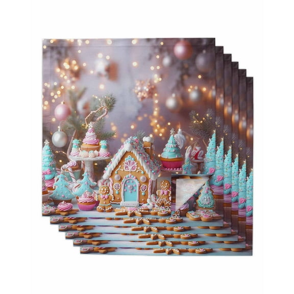 Pink Blue Christmas Cloth Napkins Set of 6, Xmas Candy Castle Balls Washable Reusable Dinner Cocktail Napkin for Kitchen Party Wedding Banquet Holiday Baby Shower Table Decor