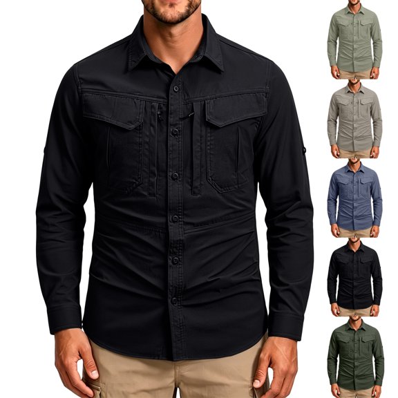 Mens UPF 50 Long Sleeve Sun Protection Shirts Button Down Fashing Shirts Casual Quick Dry Outdoor Hiking Cargo Work Shirt with Hidden Zipper Pocket