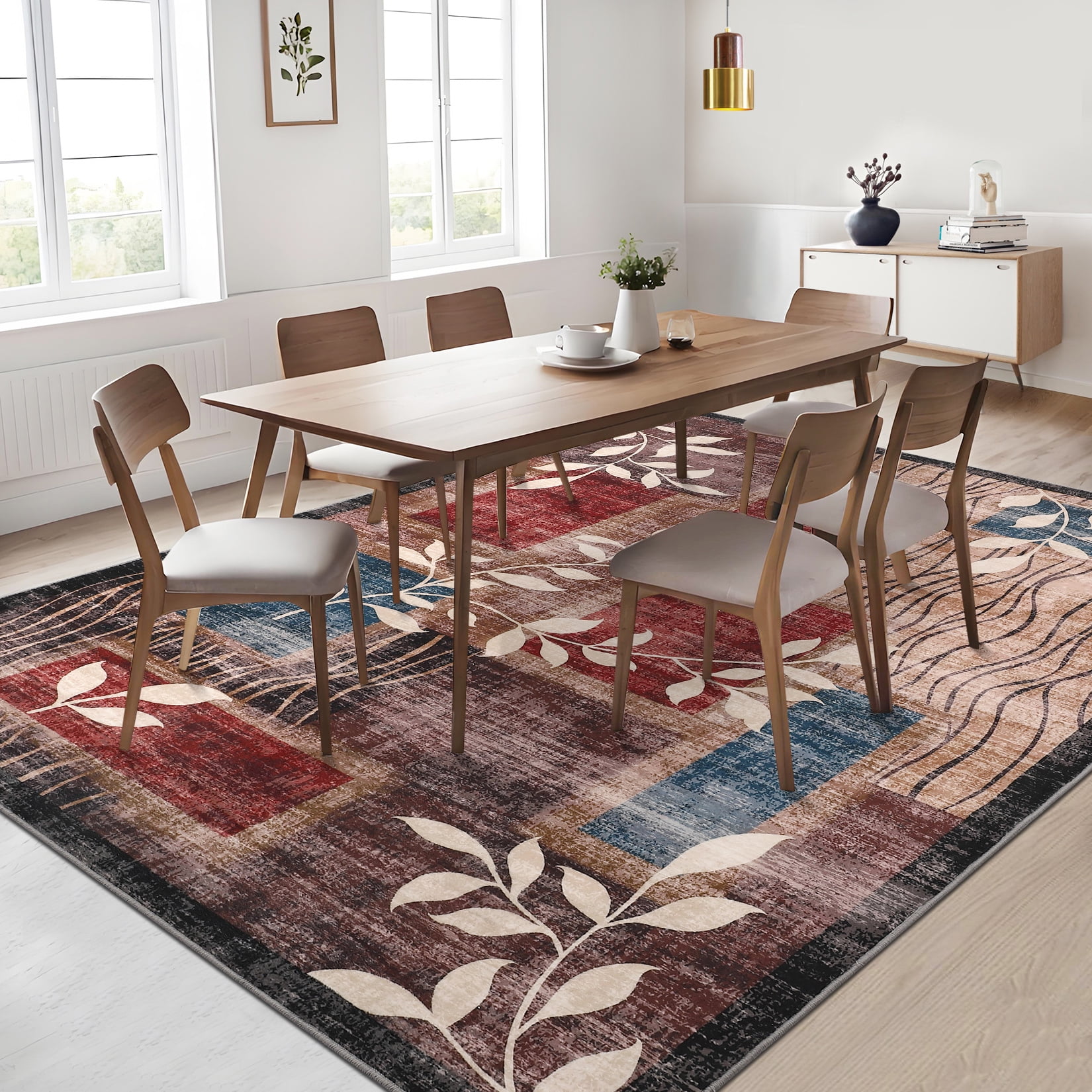 Garvee 10'x13' Washable Area Rugs for Living Room Modern Geometric Rugs Leaves Pattern Aesthetic Minimalist Rug, Red/Brown