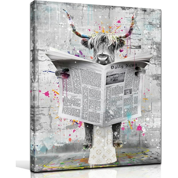 Highland Cow Canvas Wall Art for Bathroom, Funny Graffiti Bedroom Wall Decor, Black and White Painting for Living Room, Restroom Picture, 12x16 Inch