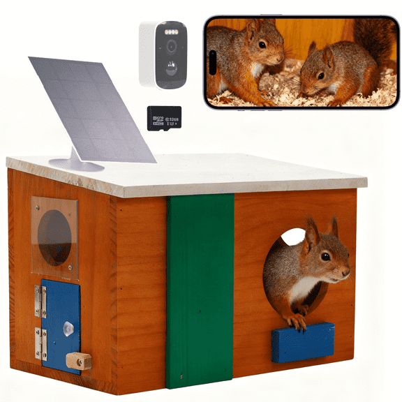 Smart Squirrel House with Camera Solar Powered, 1080P HD Wooden Squirrel Box for Outside Nesting, APP Control, Night Vision, Cloud & SD Storage, Outdoor Squirrel Nesting Box for Chipmunks