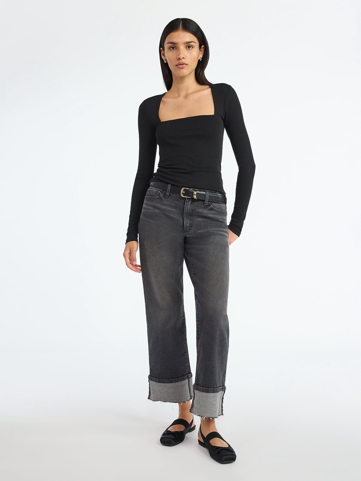 Scoop Women’s Ribbed Square Neck Top with Long Sleeves, Sizes XS-XXL