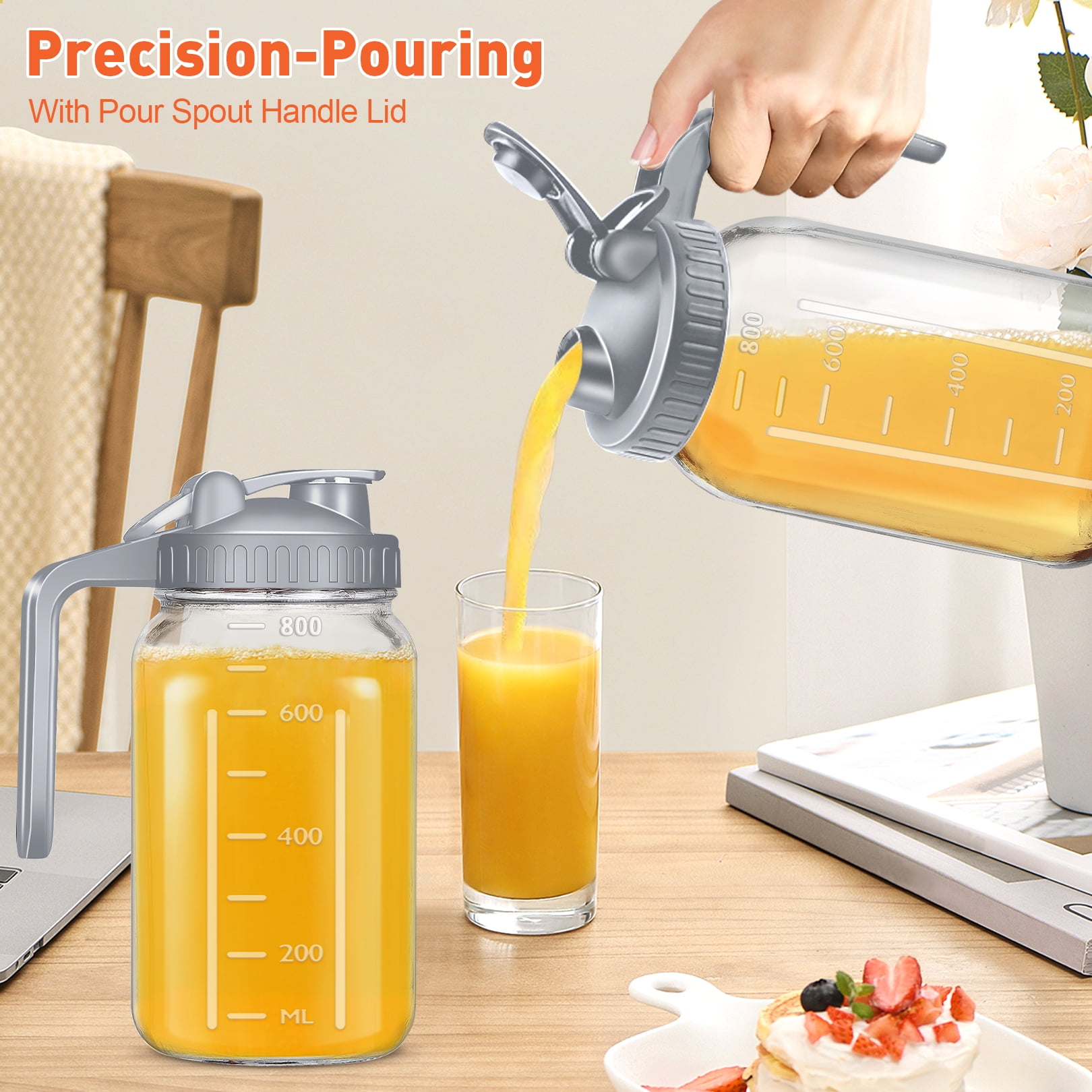 32 OZ 2Packs Glass Pitchers with Handle and Lid, 32oz Breast Milk Pitcher, Wide Mouth Mason Jar Pitcher, Leak Proof Drink Pitcher Water Pitcher, for Breastmilk, Water, Juice, Milk, Tea, Iced Coffee