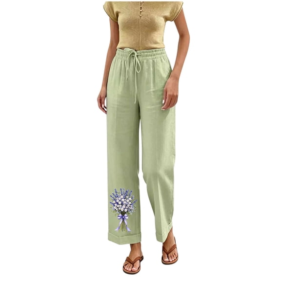 Admvng Pants for Women Floral Embroidered Drawstring Casual Trousers with Pockets
