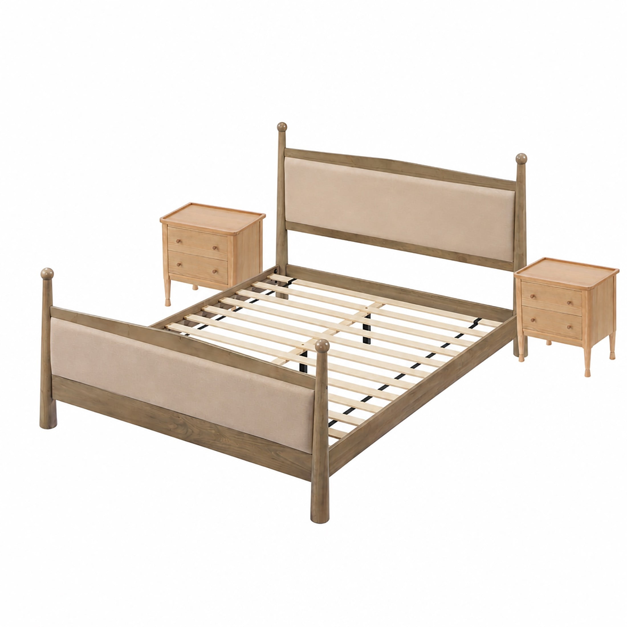 Christopher Knight Home Vintage Bedroom Set, Queen Upholstered Bed with 2 Nightstands, Natural