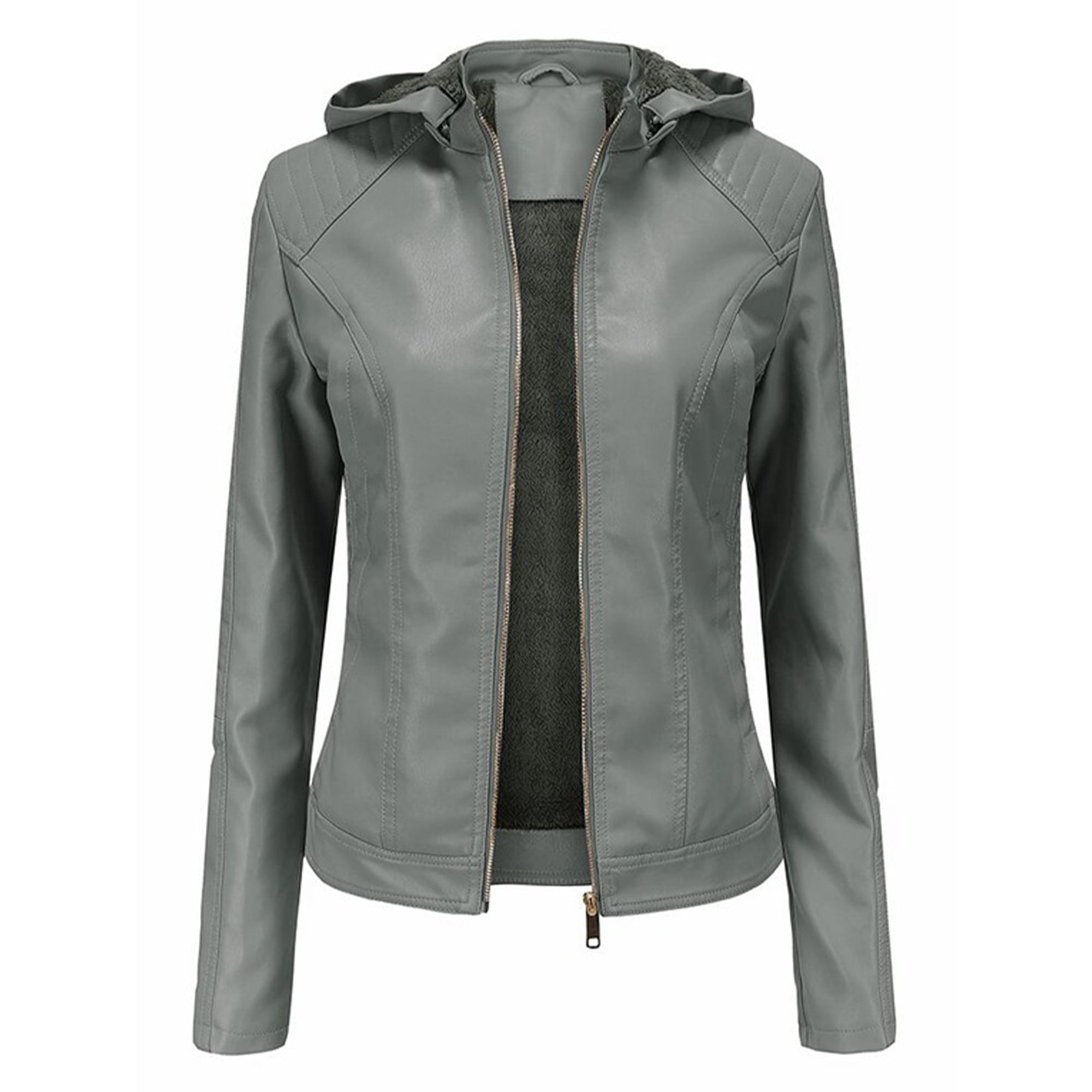 Sexy Dance Vestes de Moto Femmes avec Capuche Amovible Veste en Simili Cuir a Manches Longues Manteau Moto Motard Outwear Confortable a Capuche Gris