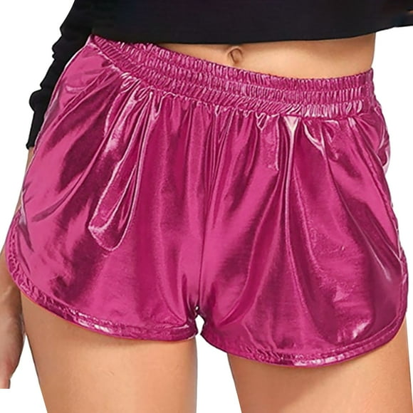 Bunenne Metallic Shorts for Women，leather Shorts for Women，st Patricks Day Shorts， Women Quick Drying Casual Solid Shorts Pants，mardi Gras Pants for Women，sparkly Hot Short Hot Pink M