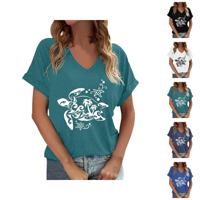 T-shirts Tortue de Mer pour Femmes 2026 Été Décontracté Manches Courtes Col en V T-Shirts Graphiques Nature Hauts Boho
