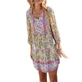 thumbnail image 1 of Women Juniors Boho Neck Tie Long Sleeve Tunic Dress Floral Printed Shift Dress Beach Dress, 1 of 9