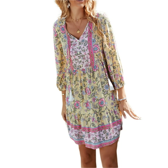Women Juniors Boho Neck Tie Long Sleeve Tunic Dress Floral Printed Shift Dress Beach Dress