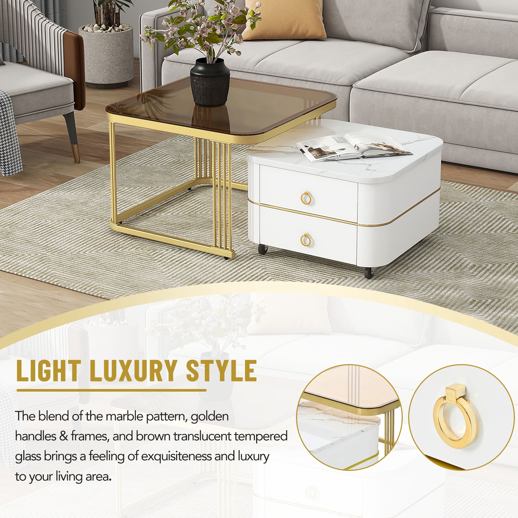 PORKISS 2-in-1 Nesting Coffee Table, Modern Square Coffee Table with Wheels and Drawers, Small Stacking Coffee Table with High Gloss Marble Grain Top and Tempered Glass for Living Room, White/ Gold