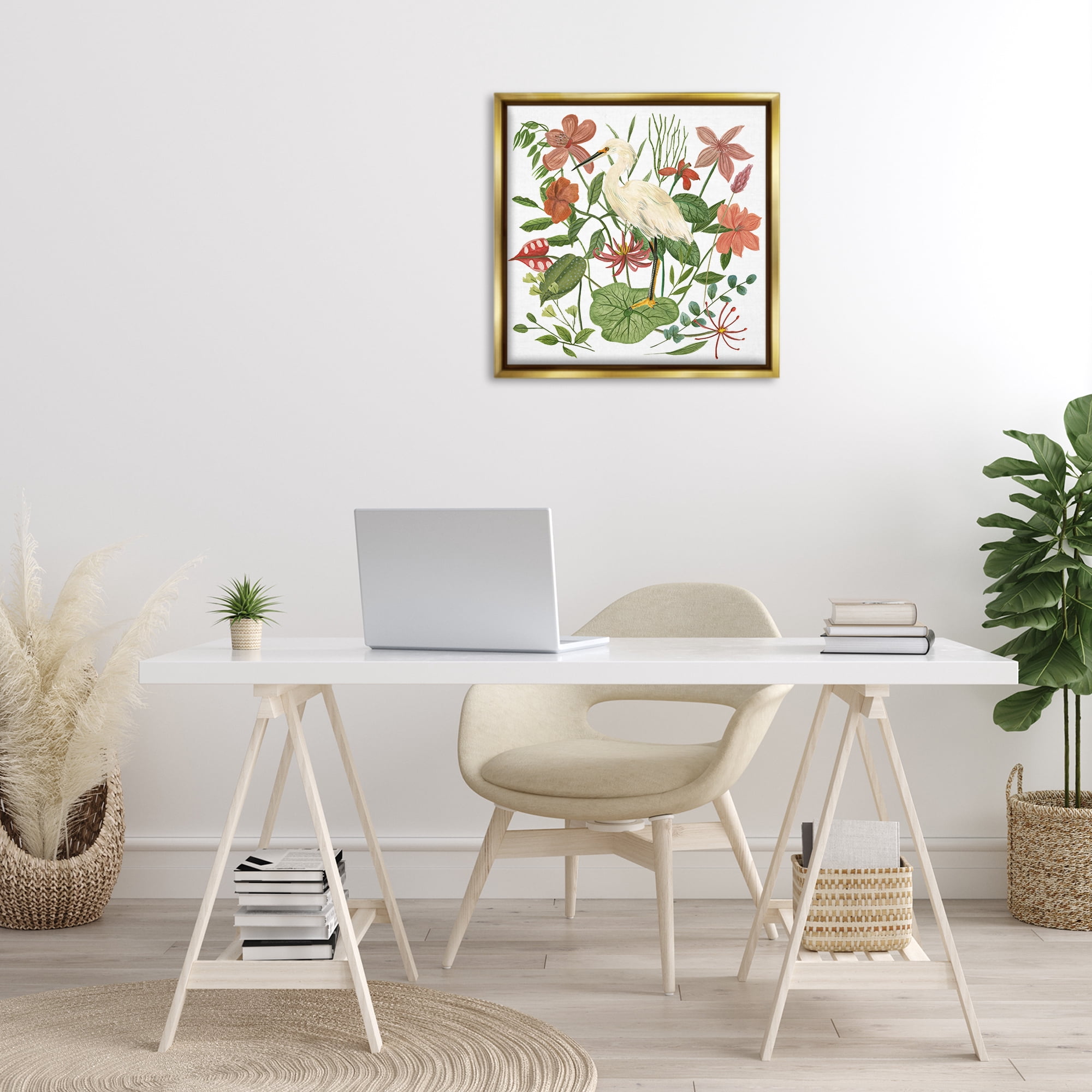 Stupell Industries Heron with Wild Florals Landscape Painting Gold Floater Framed Canvas Art Print Wall Art, 25 x 25