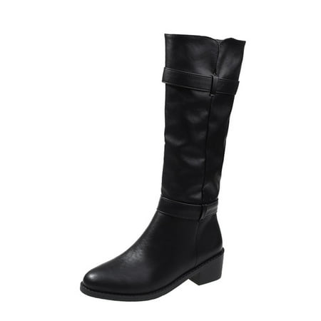 Sexlip Women s Knee High Boots Buckle Faux Leather Chunky Heel Round Toe Boots Fall Winter Shoes Black 35