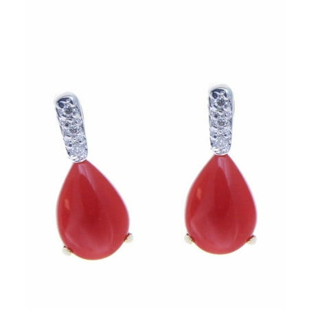 Coral Stud - Genuine natural pear red coral diamond stud post earrings solid 14k white gold