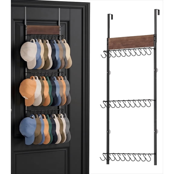 Over the Door Hat Organizer with 30 Movable Hooks, 3-Tier Wood and Metal Hat Rack for Baseball Caps