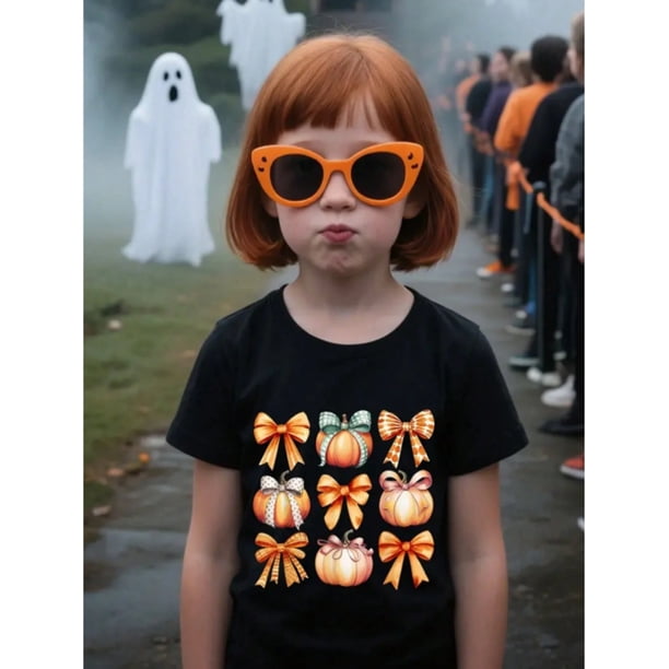 Kids' Halloween Pumpkin T-Shirt - Black Shirt With orange Bows, Soft Breathable Cotton Tee For Boys & Girls, Fall Party outfit, everyday Casual Top - easy Care Halloween apparel, Halloween Clothes, e
