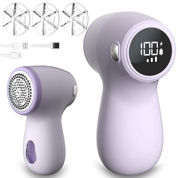 Rirool USB Rechargeable Fabric Shaver, Lint Remover with 3 Stainless Steel Blades & Digital Display, Portable Clothes Defuzzer for Sweaters & Blankets, Purple