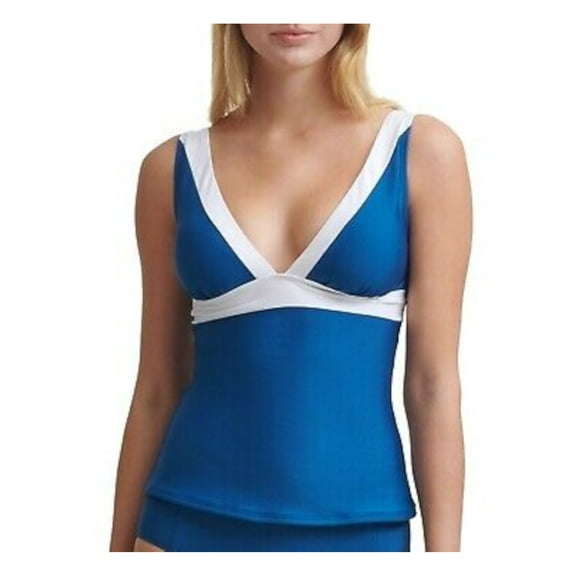DKNY Women's Blue Color Block Removable Soft Cups Deep V Neck Adjustable Tankini Swimsuit Top XXL