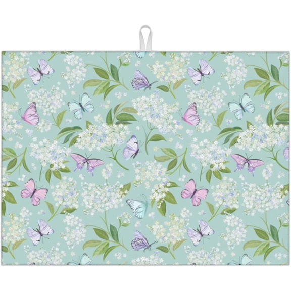 Dish Drying Mat for Kitchen Counter Microfiber Absorbent Dish Draining Reusable Washable Extra Large 18"x24" (Flower and Butterfly, 18x24in)