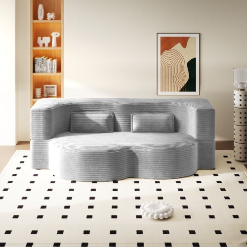 78" Modern Floor Sofa, Convertible Corduroy Fabric Twin Size Sleeper Sofa Bed with 2 Pillows, No Assembly Foam-Filled Folding Couch for Living Room Guest Room, Light Grey